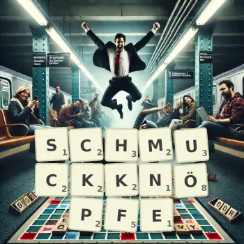 Kreative Illustration für ein Scrabble-Spiel, bei dem das Wort SCHMUCKKNÖPFE mit Steinen auf dem Brett gelegt wurde.