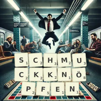 Kreative Illustration für ein Scrabble-Spiel, bei dem das Wort SCHMUCKKNÖPFEN mit Steinen auf dem Brett gelegt wurde.