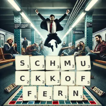 Kreative Illustration für ein Scrabble-Spiel, bei dem das Wort SCHMUCKKOFFERN mit Steinen auf dem Brett gelegt wurde.