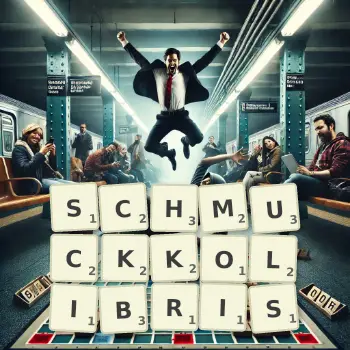 Kreative Illustration für ein Scrabble-Spiel, bei dem das Wort SCHMUCKKOLIBRIS mit Steinen auf dem Brett gelegt wurde.