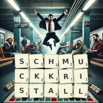 Kreative Illustration für ein Scrabble-Spiel, bei dem das Wort SCHMUCKKRISTALL mit Steinen auf dem Brett gelegt wurde.