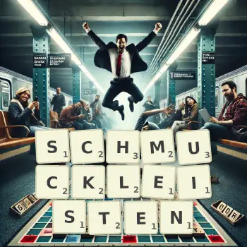 Kreative Illustration für ein Scrabble-Spiel, bei dem das Wort SCHMUCKLEISTEN mit Steinen auf dem Brett gelegt wurde.
