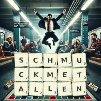Kreative Illustration für ein Scrabble-Spiel, bei dem das Wort SCHMUCKMETALLEN mit Steinen auf dem Brett gelegt wurde.