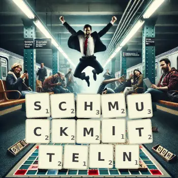 Kreative Illustration für ein Scrabble-Spiel, bei dem das Wort SCHMUCKMITTELN mit Steinen auf dem Brett gelegt wurde.