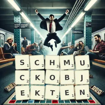 Kreative Illustration für ein Scrabble-Spiel, bei dem das Wort SCHMUCKOBJEKTEN mit Steinen auf dem Brett gelegt wurde.