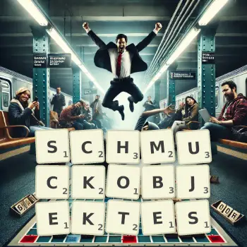 Kreative Illustration für ein Scrabble-Spiel, bei dem das Wort SCHMUCKOBJEKTES mit Steinen auf dem Brett gelegt wurde.