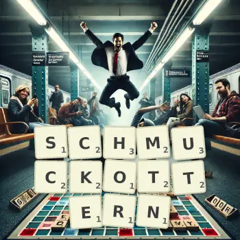 Kreative Illustration für ein Scrabble-Spiel, bei dem das Wort SCHMUCKOTTERN mit Steinen auf dem Brett gelegt wurde.