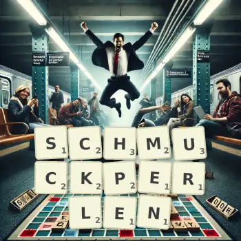 Kreative Illustration für ein Scrabble-Spiel, bei dem das Wort SCHMUCKPERLEN mit Steinen auf dem Brett gelegt wurde.