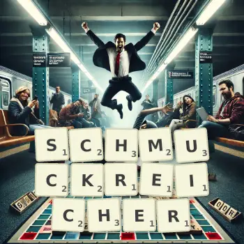 Kreative Illustration für ein Scrabble-Spiel, bei dem das Wort SCHMUCKREICHER mit Steinen auf dem Brett gelegt wurde.