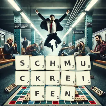 Kreative Illustration für ein Scrabble-Spiel, bei dem das Wort SCHMUCKREIFEN mit Steinen auf dem Brett gelegt wurde.