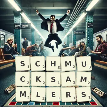 Kreative Illustration für ein Scrabble-Spiel, bei dem das Wort SCHMUCKSAMMLERS mit Steinen auf dem Brett gelegt wurde.