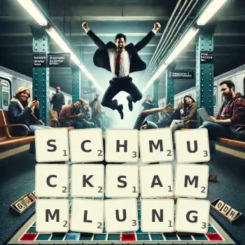 Kreative Illustration für ein Scrabble-Spiel, bei dem das Wort SCHMUCKSAMMLUNG mit Steinen auf dem Brett gelegt wurde.