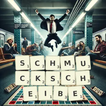 Kreative Illustration für ein Scrabble-Spiel, bei dem das Wort SCHMUCKSCHEIBE mit Steinen auf dem Brett gelegt wurde.