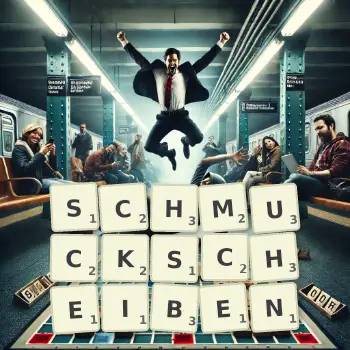 Kreative Illustration für ein Scrabble-Spiel, bei dem das Wort SCHMUCKSCHEIBEN mit Steinen auf dem Brett gelegt wurde.