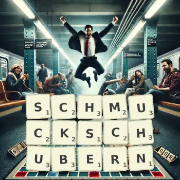 Kreative Illustration für ein Scrabble-Spiel, bei dem das Wort SCHMUCKSCHUBERN mit Steinen auf dem Brett gelegt wurde.