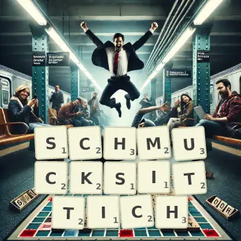Kreative Illustration für ein Scrabble-Spiel, bei dem das Wort SCHMUCKSITTICH mit Steinen auf dem Brett gelegt wurde.