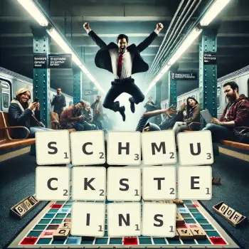 Kreative Illustration für ein Scrabble-Spiel, bei dem das Wort SCHMUCKSTEINS mit Steinen auf dem Brett gelegt wurde.