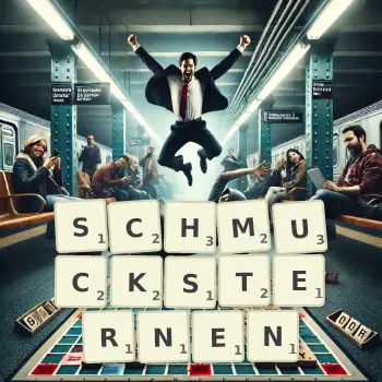Kreative Illustration für ein Scrabble-Spiel, bei dem das Wort SCHMUCKSTERNEN mit Steinen auf dem Brett gelegt wurde.