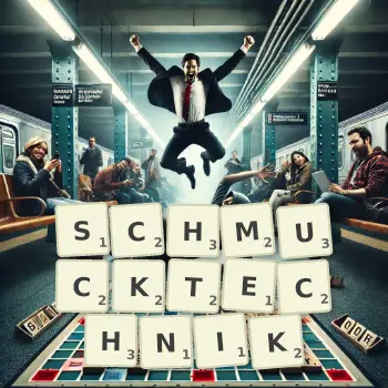Kreative Illustration für ein Scrabble-Spiel, bei dem das Wort SCHMUCKTECHNIK mit Steinen auf dem Brett gelegt wurde.