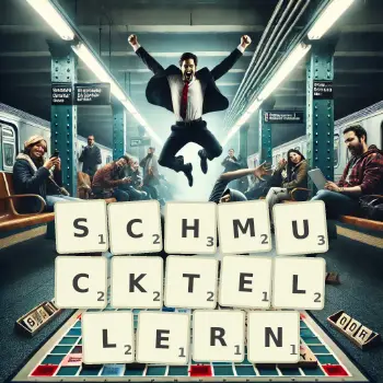 Kreative Illustration für ein Scrabble-Spiel, bei dem das Wort SCHMUCKTELLERN mit Steinen auf dem Brett gelegt wurde.