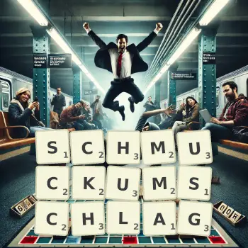 Kreative Illustration für ein Scrabble-Spiel, bei dem das Wort SCHMUCKUMSCHLAG mit Steinen auf dem Brett gelegt wurde.