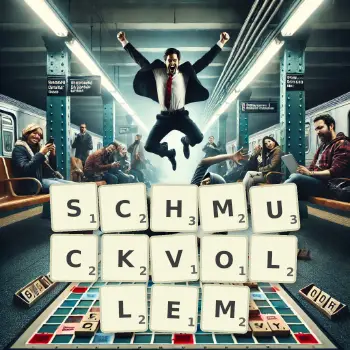 Kreative Illustration für ein Scrabble-Spiel, bei dem das Wort SCHMUCKVOLLEM mit Steinen auf dem Brett gelegt wurde.