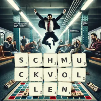 Kreative Illustration für ein Scrabble-Spiel, bei dem das Wort SCHMUCKVOLLEN mit Steinen auf dem Brett gelegt wurde.
