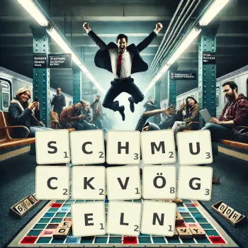 Kreative Illustration für ein Scrabble-Spiel, bei dem das Wort SCHMUCKVÖGELN mit Steinen auf dem Brett gelegt wurde.