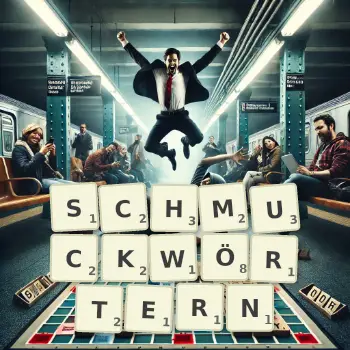 Kreative Illustration für ein Scrabble-Spiel, bei dem das Wort SCHMUCKWÖRTERN mit Steinen auf dem Brett gelegt wurde.