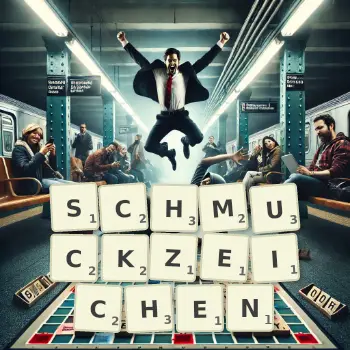 Kreative Illustration für ein Scrabble-Spiel, bei dem das Wort SCHMUCKZEICHEN mit Steinen auf dem Brett gelegt wurde.