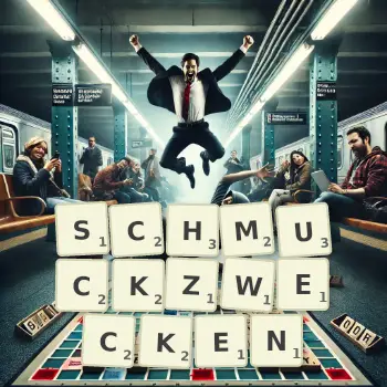 Kreative Illustration für ein Scrabble-Spiel, bei dem das Wort SCHMUCKZWECKEN mit Steinen auf dem Brett gelegt wurde.