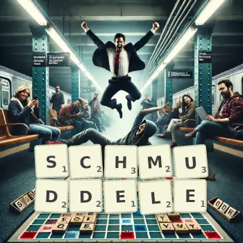 Kreative Illustration für ein Scrabble-Spiel, bei dem das Wort SCHMUDDELE mit Steinen auf dem Brett gelegt wurde.