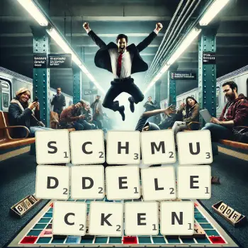 Kreative Illustration für ein Scrabble-Spiel, bei dem das Wort SCHMUDDELECKEN mit Steinen auf dem Brett gelegt wurde.