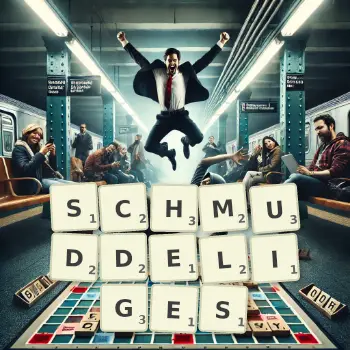 Kreative Illustration für ein Scrabble-Spiel, bei dem das Wort SCHMUDDELIGES mit Steinen auf dem Brett gelegt wurde.