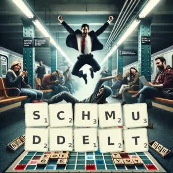Kreative Illustration für ein Scrabble-Spiel, bei dem das Wort SCHMUDDELT mit Steinen auf dem Brett gelegt wurde.