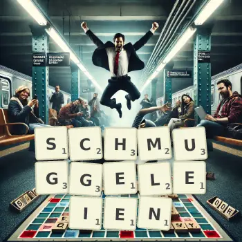 Kreative Illustration für ein Scrabble-Spiel, bei dem das Wort SCHMUGGELEIEN mit Steinen auf dem Brett gelegt wurde.