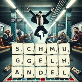 Kreative Illustration für ein Scrabble-Spiel, bei dem das Wort SCHMUGGELHANDEL mit Steinen auf dem Brett gelegt wurde.