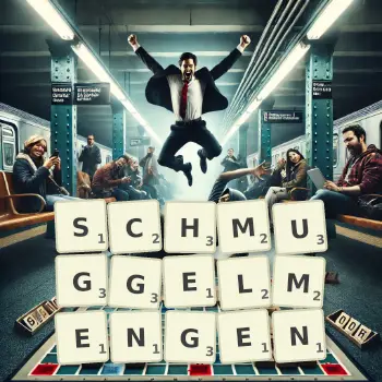 Kreative Illustration für ein Scrabble-Spiel, bei dem das Wort SCHMUGGELMENGEN mit Steinen auf dem Brett gelegt wurde.