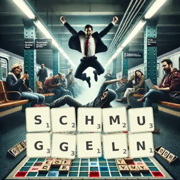 Kreative Illustration für ein Scrabble-Spiel, bei dem das Wort SCHMUGGELN mit Steinen auf dem Brett gelegt wurde.