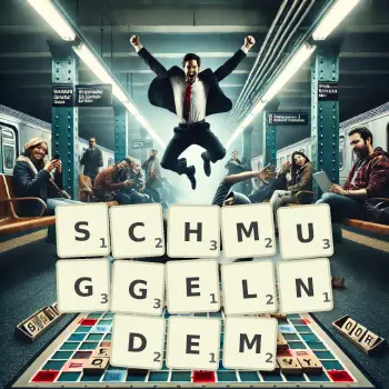Kreative Illustration für ein Scrabble-Spiel, bei dem das Wort SCHMUGGELNDEM mit Steinen auf dem Brett gelegt wurde.