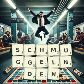 Kreative Illustration für ein Scrabble-Spiel, bei dem das Wort SCHMUGGELNDEN mit Steinen auf dem Brett gelegt wurde.
