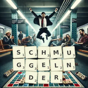 Kreative Illustration für ein Scrabble-Spiel, bei dem das Wort SCHMUGGELNDER mit Steinen auf dem Brett gelegt wurde.