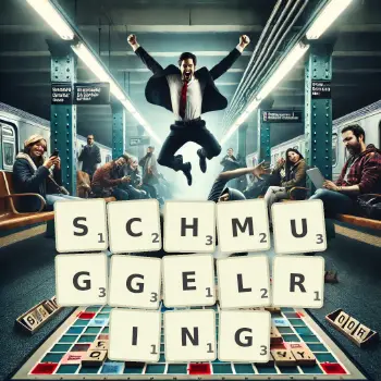 Kreative Illustration für ein Scrabble-Spiel, bei dem das Wort SCHMUGGELRING mit Steinen auf dem Brett gelegt wurde.