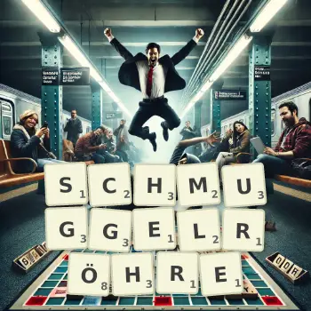 Kreative Illustration für ein Scrabble-Spiel, bei dem das Wort SCHMUGGELRÖHRE mit Steinen auf dem Brett gelegt wurde.