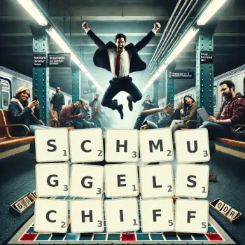 Kreative Illustration für ein Scrabble-Spiel, bei dem das Wort SCHMUGGELSCHIFF mit Steinen auf dem Brett gelegt wurde.