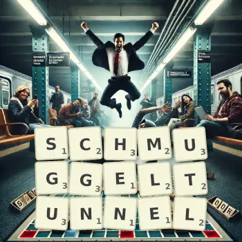 Kreative Illustration für ein Scrabble-Spiel, bei dem das Wort SCHMUGGELTUNNEL mit Steinen auf dem Brett gelegt wurde.