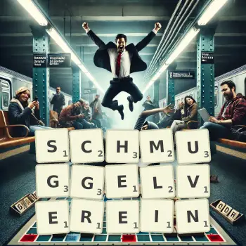 Kreative Illustration für ein Scrabble-Spiel, bei dem das Wort SCHMUGGELVEREIN mit Steinen auf dem Brett gelegt wurde.