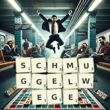 Kreative Illustration für ein Scrabble-Spiel, bei dem das Wort SCHMUGGELWEGE mit Steinen auf dem Brett gelegt wurde.