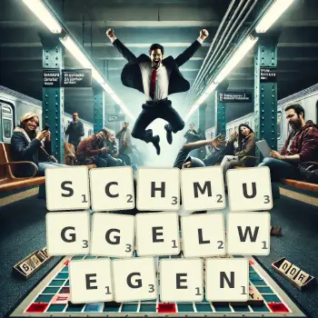 Kreative Illustration für ein Scrabble-Spiel, bei dem das Wort SCHMUGGELWEGEN mit Steinen auf dem Brett gelegt wurde.