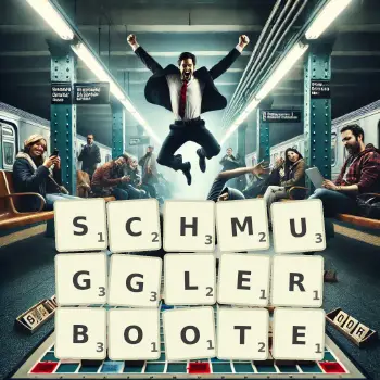 Kreative Illustration für ein Scrabble-Spiel, bei dem das Wort SCHMUGGLERBOOTE mit Steinen auf dem Brett gelegt wurde.